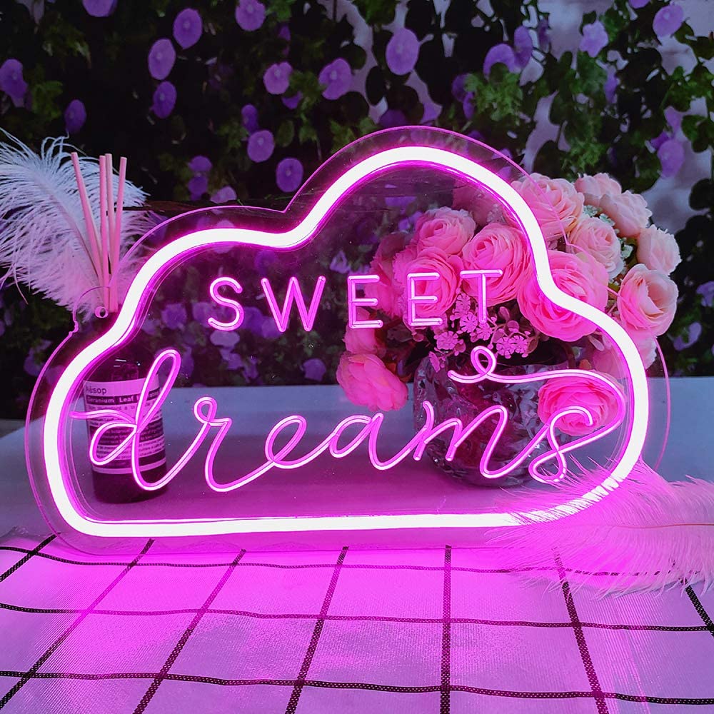 Néon LED décoratif "Sweet Dreams" avec nuage de couleur rose