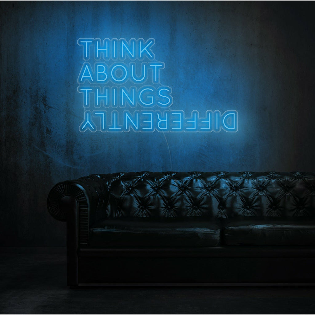 Néon LED bleu clair "Think about things differently"